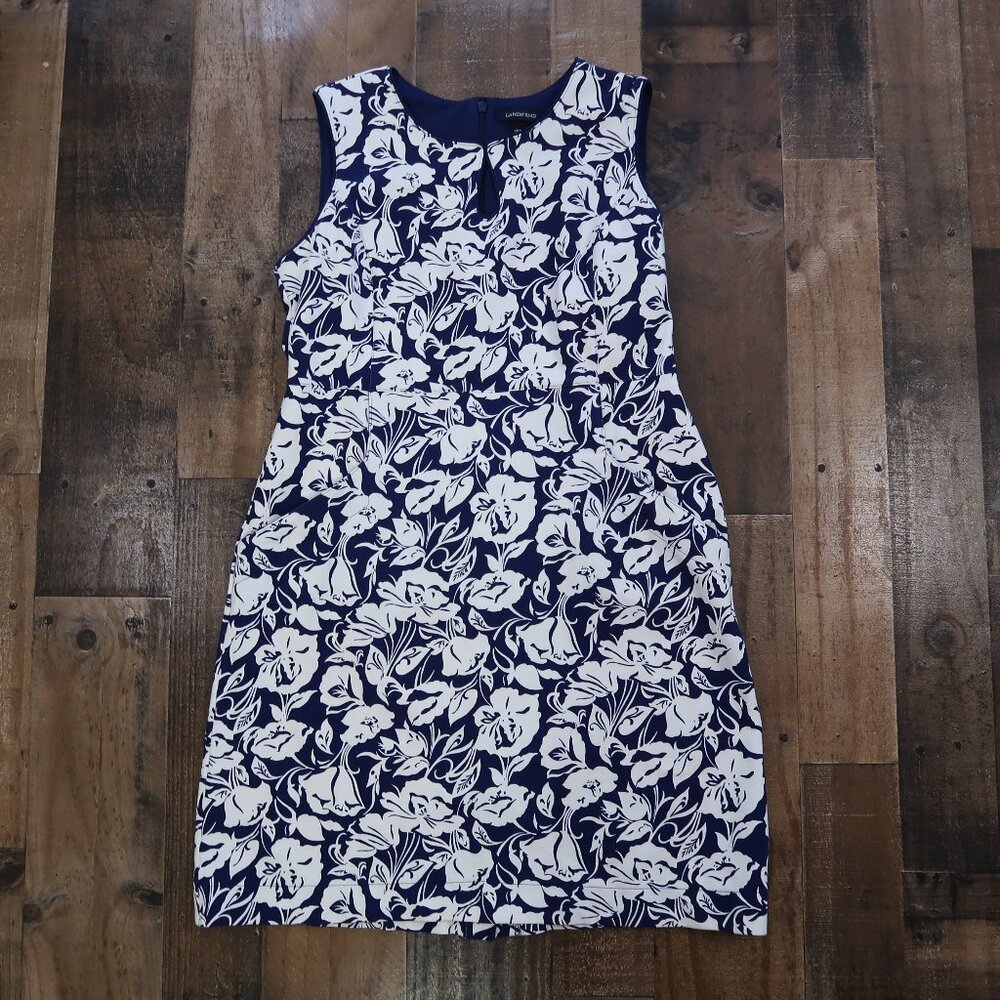 Lands End Womans 10 Petite Blue & White Floral Sleeveless Dress with Pockets